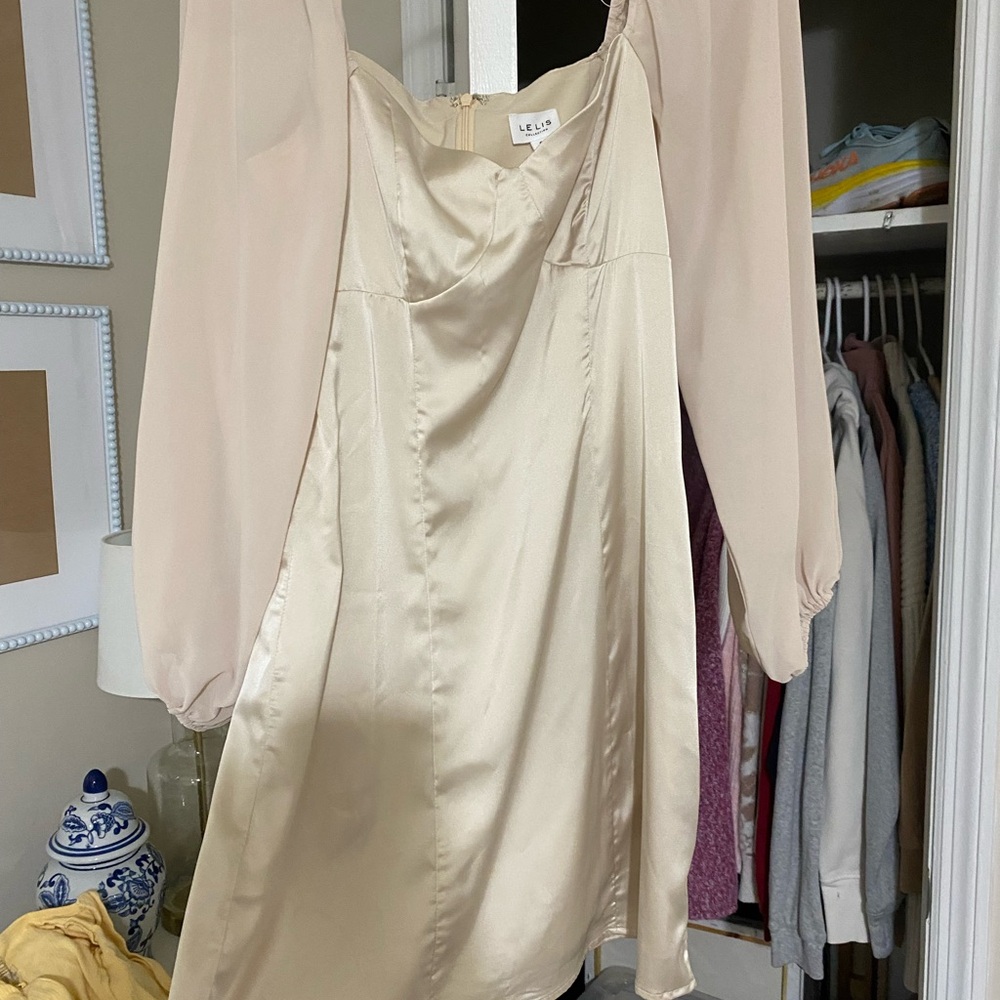 Lulu's Cream Satin Dress with Sheer Sleeves
